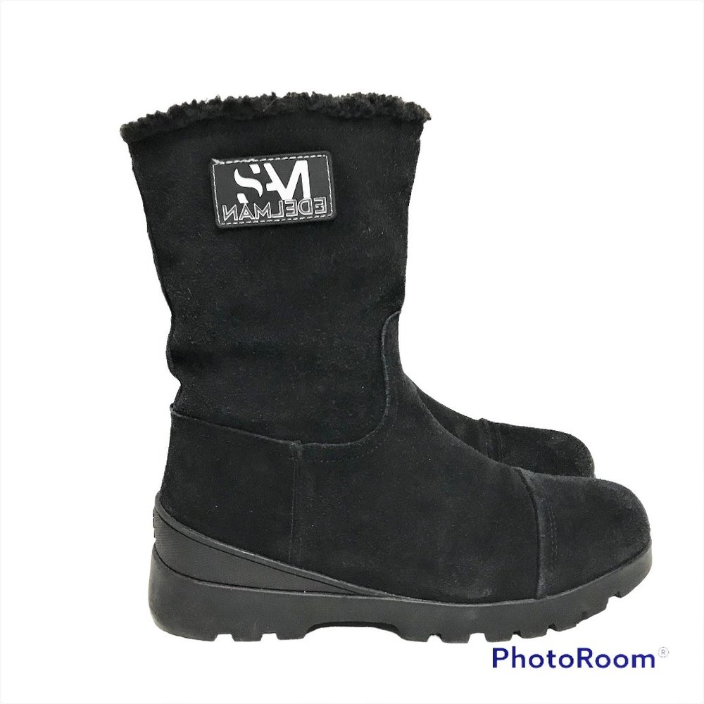 SAM EDELMAN Boots Women 8M/38 Fleece Lined Black Leather Mid Calf Pull On Wedge